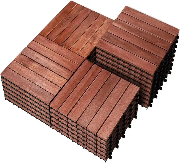 PrimeZone 27 PCS FSC Certified Acacia Wood Interlocking Patio Deck Tiles - 12" x 12" Indoor Outdoor Waterproof Flooring Tiles for Balcony, Backyard, Garden & Poolside, All Weather Use, Brown