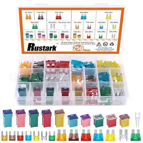 Rustark 250pcs Us Grade Automotive Fuses Assortment Kit Standard & Mini Car Blade Fuses, Low and Tall/std Profile Box Shaped Assorted Fuse for Trucks