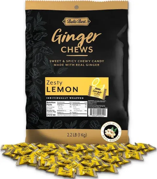 Bali's Best Ginger Chews - Zesty Lemon Flavor (1lb Jar) 100% Real Ginger & Natural Flavors, Sweet Spicy Chewy Ginger Candies, Great snacks for sharing and gift baskets