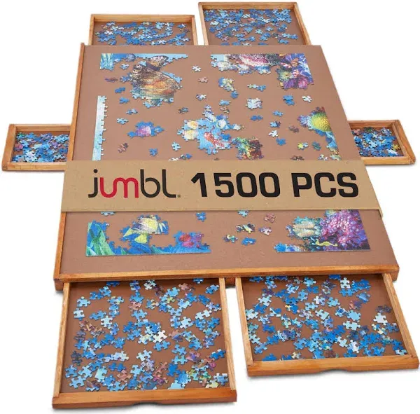 Jumbl 1500-Piece Puzzle Board | 27” x 35” Jigsaw Puzzle Table | 6 Removable Magnetic Sorting Drawers | Smooth Plateau Fiberboard Work Surface & Hardwood Construction | for Games & Puzzles