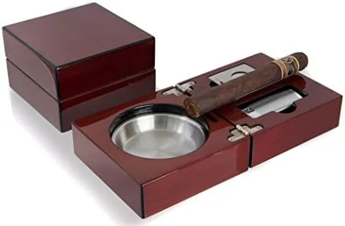 Mantello Cigar Ashtray Gift Set - High-Gloss Cherry Finish Wooden Travel Case...