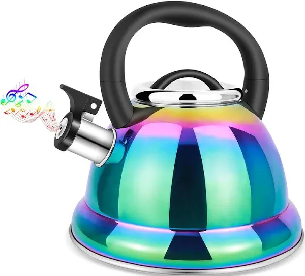 Whistling Tea Kettle for Stovetop, 3.5L Stainless Steel Tea Pot with Cool Ergonomic Folding Handle, Rainbow Induction Kettles for Boiling Water, Mirror Finish