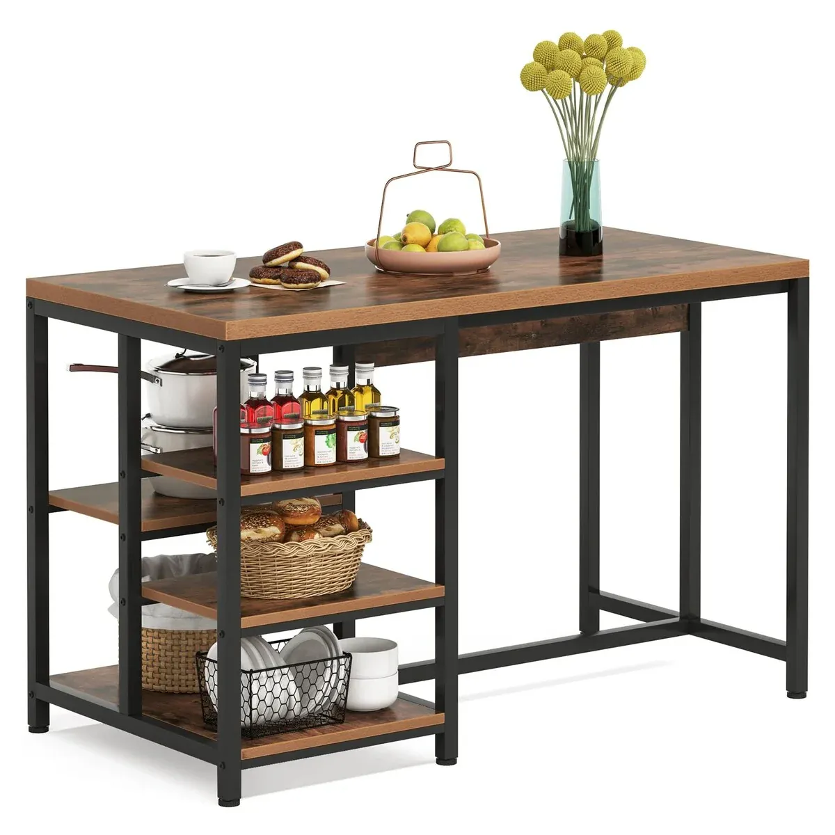 Tribesigns Kitchen Island, Kitchen Shelf Kitchen Bar Table with 5 Open Storage Shelves and Large Worktop