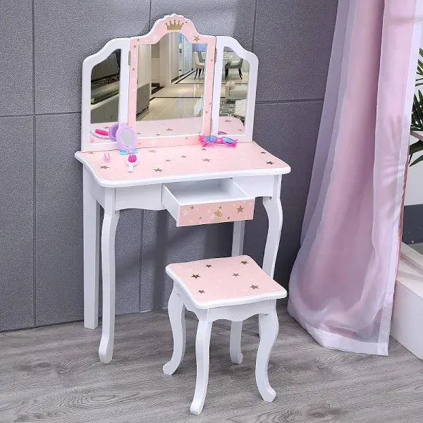 Kids Girls Vanity, Girls Vanity Set with Mirror and Stool, Kids Vanity Set with Mirror, Makeup Dressing Play Table Set with Two 180° Folding Mirror for Girls