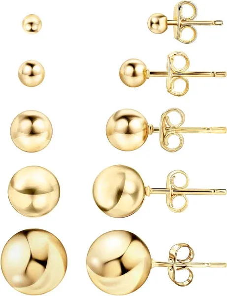 Barzel 18K Gold Plated Ball Stud Earrings Set, Sizes 3-10MM, 5 Pack, High Polish Finish Ball Suds