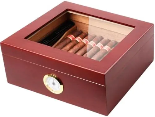 Cigar Humidor,Wooden Cigar Box With Humidifier Holds Up to 50 Cigars, Glass T...