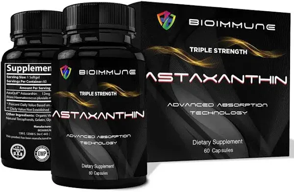 BioImmune Triple Strength AstaQuil Astaxanthin 12mg Enhanced Absorption 60 Softgels w/Organic Coconut Oil. Powerful Antioxidant for Eye