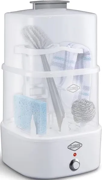 Clorox 2-Tier Electric Steam Sanitizer for Kitchen Utensils, Cleaning Sponges, Bathroom Accessories, Brushes & More, Kills 99.999% of Bacteria, Easy to Use, Compact Design, Space-Saving Storage, White