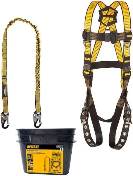 DEWALT Rooftop safety kit with D1000 harness with Pass-Thru Chest and Tongue Buckle Legs, 50' vertical lifeline w/rope adjustor and reusable rooftop anchor