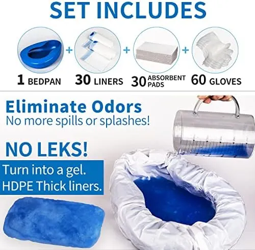 Bedpan Set with 30 Super Absorbent Pads and Disposable Liners, Bed Pans for Elderly Females Women and Men Comfortable