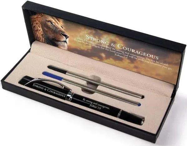 Deluxe Scripture Pens - Strong & Courageous, Triangle Barrel Ballpoint Pen With Extra Blue & Black Ink, Inspirational Christian Pens with Gift Box, Gifts For Christian Men, Women & Pastor Gifts