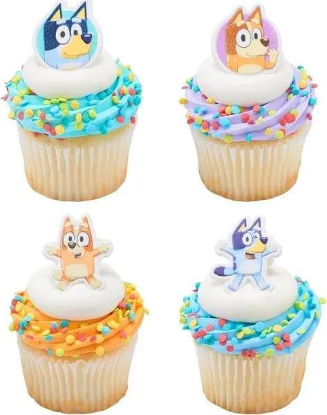 Decopac Bluey So Much Fun Rings, 24 Cupcake Decorations Featuring Bluey, Bingo, Bandit, and Chilli