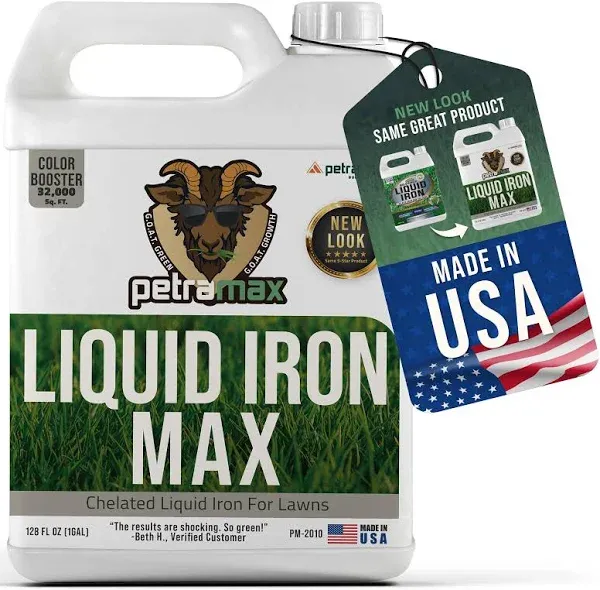 PetraTools Liquid Iron For Lawns - Chelated Iron, Liquid Iron for Plants, Liquid Lawn Fertilizer Concentrate Solutions, Chelated Iron for Plants, Lawn Iron Formula, EDTA-Free & Made In The USA (1 Gal)