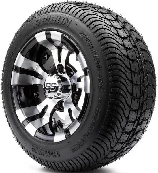 MODZ® Vampire Machined Black 10" Golf Cart Wheels and Arisun Cruze (205/50-10) DOT Low Profile Golf Cart Tires Combo - Set of 4