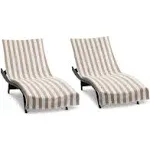 Arkwright California Chaise Lounge Cover - Pack of 2 - Striped Soft Cotton Cabana Towel with Pocket Holder for Beach Pool Outdoor Chair, 30 x 85 in., Beige