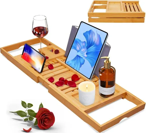 Artmalle Bathtub Caddy Tray for Tub,Foldable Bamboo Bath Table Tray with Book and Wine Glass Holder