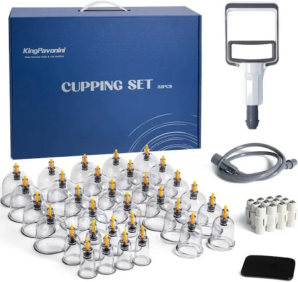 KingPavonini 32 Cups Cupping Therapy Set, Professional Chinese Cupping Set with Magnetics, Portable Vacuum Cupping for Cellulite Reduction, Pain Relief and Blood Circulation