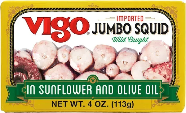 Vigo Premium Imported Canned Seafood, Jumbo Squid In Sunflower & Olive Oil, Specialty Flavored, Perfect For Recipes And Dishes