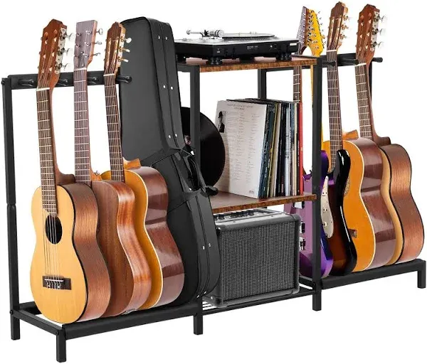 Nisorpa Metal Guitar Stand for 8 Guitars,Floor Guitar Holder with 3-Tier Wood Storage Shelf Multiple Guitars Rack,Display Guitar Stand Guitar Amp Stand For Music Studio Acoustic Electric Guitar Bass