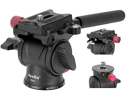 Avella Tripod Fluid Head Pan Tilt Head with Arca Type Quick Release Plate and Handle, Metal Panorama Head with Scaled Base for Compact Video Camera DSLR Camera, Load up to 6.6lb, V502