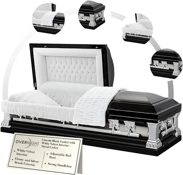 Funeral Casket Knight Black- Black and Silver Finish with White Interior