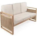 Jonathan Y Gable 3-Seat Mid-Century Modern Roped Acacia Wood Outdoor Sofa with Cushions