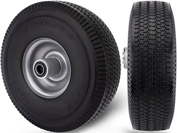 4.10/3.50-4 Flat Free Tire and Wheel, 2 Pcs 4.10/3.50-4 Tire with 5/8" Axle Bore Hole, 2.2" Offset Hub for Hand Truck/Garden Utility Wagon Cart/Lawn Mower/Generator, 10" Solid Rubber Tire and Wheel