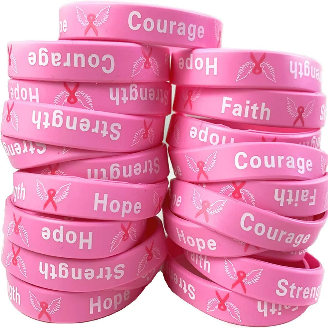 50 Pack Breast Cancer Awareness Pink Ribbon Bracelets Hope Faith Strength Courage Inspiring Wristbands