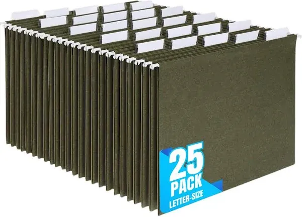 1InTheOffice Hanging File Folders Letter Size, File Cabinet Folders, Reinforced, 1/5 Tabs, Adjustable, Green, 25 Pack