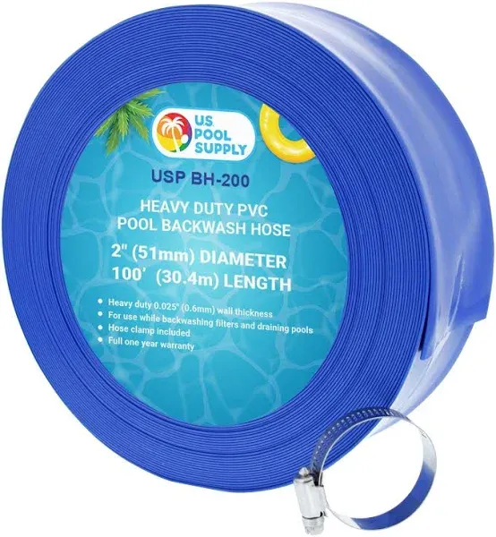 U.S. Pool Supply 1-1/2 inch x 100' Heavy Duty Blue PVC Swimming Pool Backwash Hose with Hose Clamp, Other