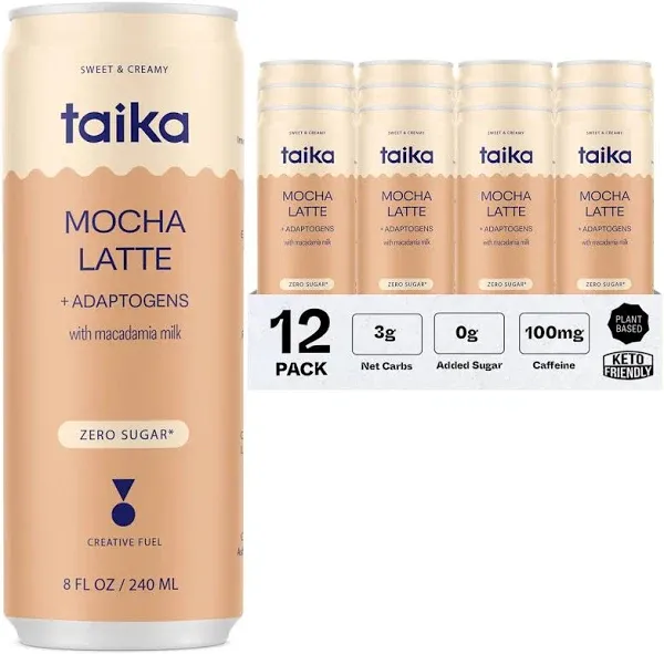 Taika Mocha Latte - Ready to Drink Coffee w/Macadamia Milk in Cans - Creamy Mushroom Coffee w/Ashwagandha, Lions Mane, & L-Theanine - 8 Fl Oz (Pack of 12) (Mocha Latte, 8 Fl Oz (Pack of 12))