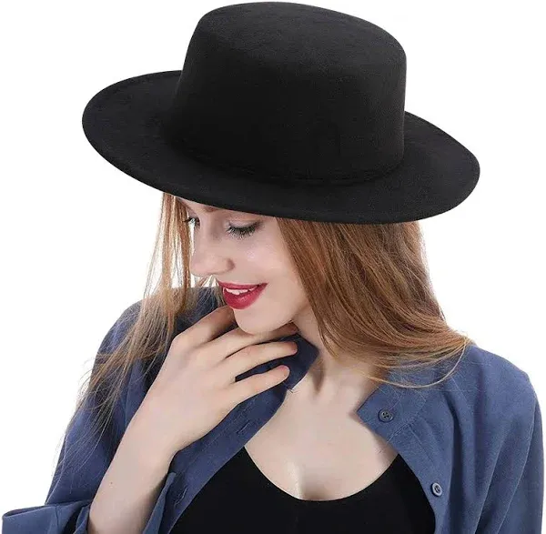 Classic Fashion Black Fedora Flat Hat, Wide Brim Jazz Hats Church Derby Cap for Women and Men