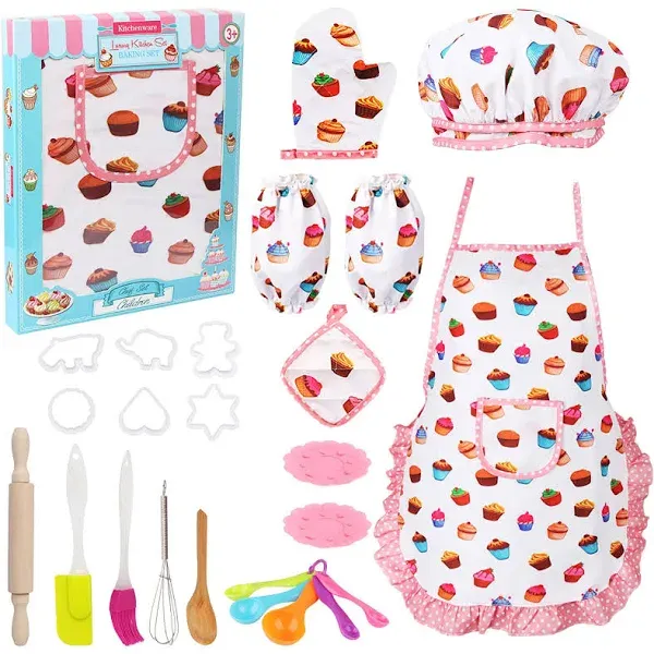 Cute Cooking and Baking Sets, 24 Pcs Aprons for Girls Chef Hat Apron Dress Up...