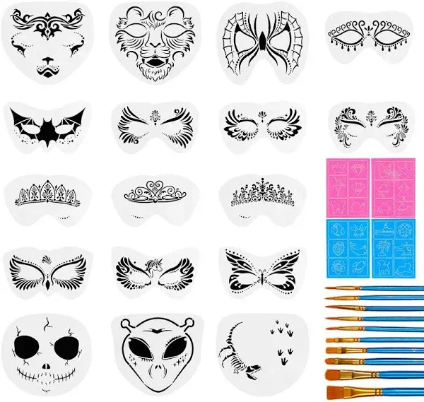 31 Pieces Face Stencils Kit, 17 Reusable Large Face Paint Stencils, 4 Small Stick Paint Stencils and 10 Pieces Painting Brushes for Kids Face Painting, Tattoo Stencils, Holiday Halloween Makeup