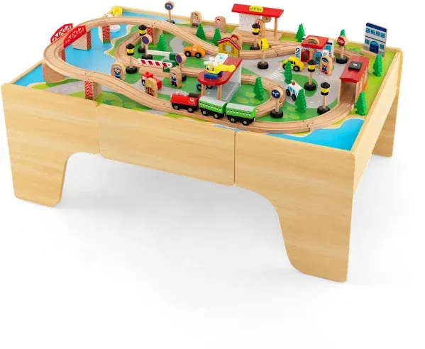 HONEY JOY Train Table, Wooden Kids Activity Table with Storage, 84 Multicolor Pieces, Tracks, Trains, Cars, Toddler Toy Train Table Set w/Reversible Tabletop, Gift for Boys Girls Ages 3+ (Natural)