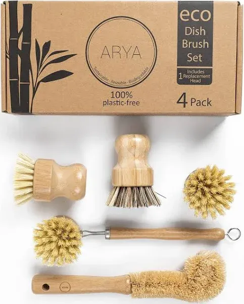 ARYA. Wooden Dish Brush Set | 4 Kitchen Washing Up Brushes &amp; One Replacement... 