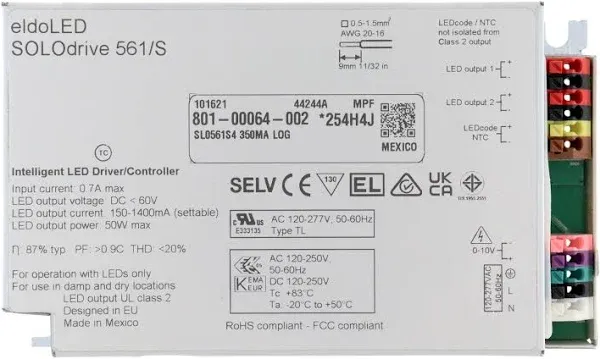 ELDOLED 561/S SOLODRIVE INTELLIGENT LED DRIVER, 60V, 200-1050MA, 50W, 120-250V