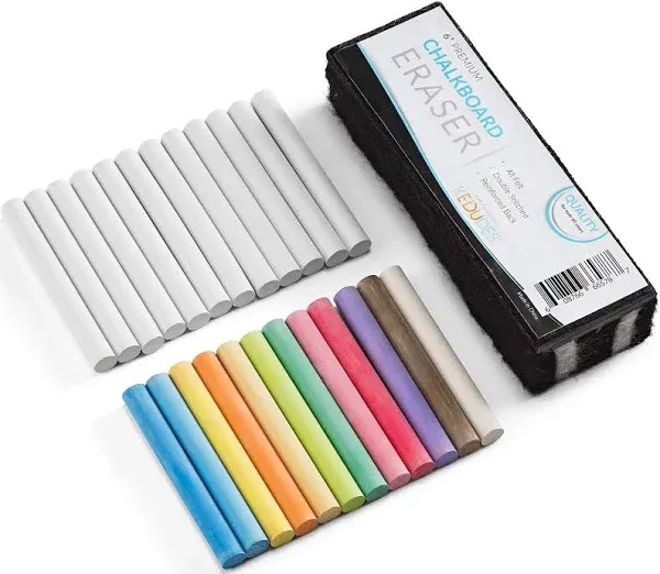 Kedudes Dustless Chalk with Eraser, 24pk - 12 Colored Chalkboard Chalk and 12 White Chalk for Chalkboard and Chalk Board Eraser, Outdoor Chalk, Chalk, Eraser Set - Blackboard Chalk with Chalk Eraser