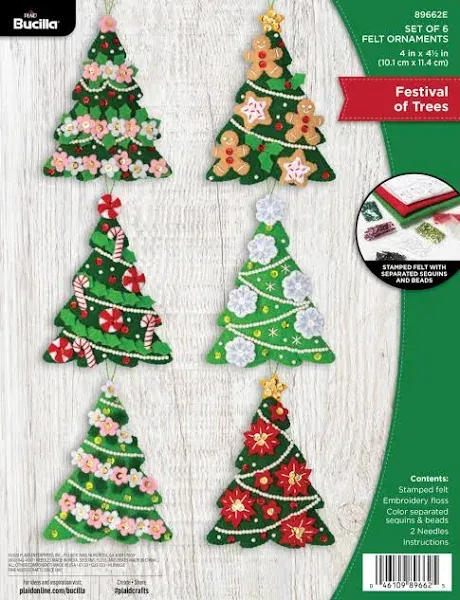 Bucilla, Festival of Trees, Felt Applique 6 Piece Ornament Making Kit, Perfect for DIY Arts and Crafts Projects, 89662E