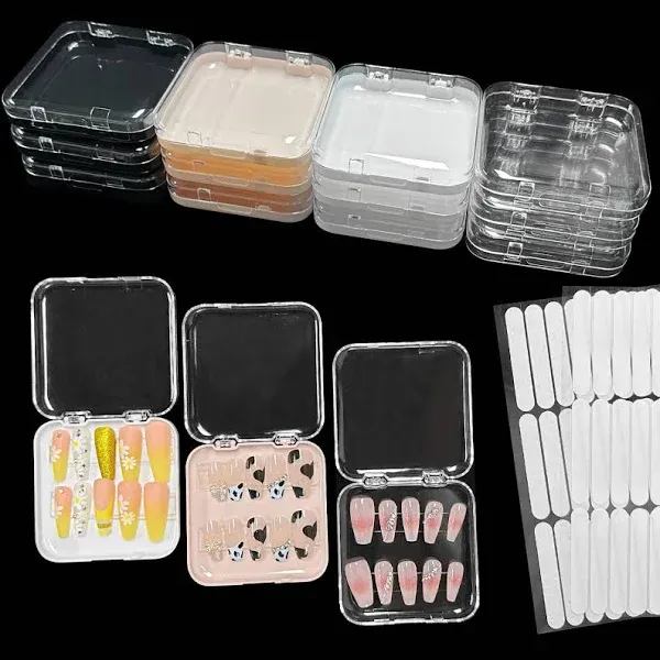 12pcs Press on Nail Storage Box with 60 Pcs Adhesive Double Sided Tape Acrylic Nail Display Box Artificial False Nail Box Organizer Fake Nail Case Transparent Nail Packaging Boxes for Nail Salon