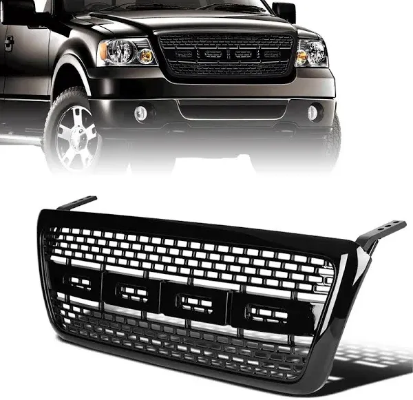 Front Grille Compatible with 2004-2008 2004 2005 2006 2007 2008 Ford F150 F-150 Including XL XLT FX2 FX4 STX XTR Gloss Black Grill Replacement QH-FD-024-1