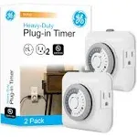 GE 24-Hour Heavy Duty Indoor Plug-in Mechanical Timer, Grounded 2-Outlet, Gray/White, 2 Pack - 46211