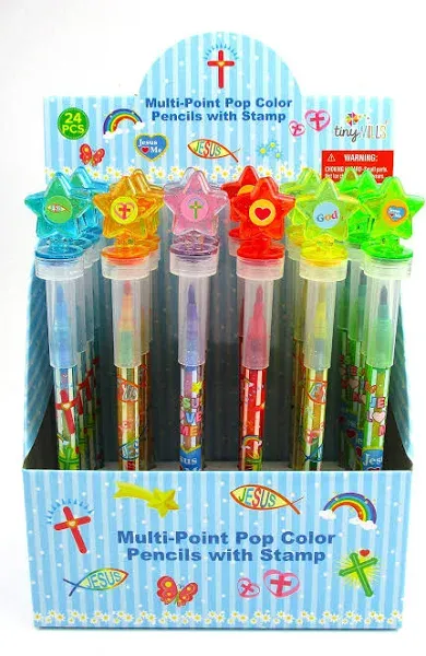 TINYMILLS 24 Pcs Religious Christian 2 in 1 Stackable Stacking Crayon with Extra Stamper Topper, Sunday School Classroom Rewards, Prizes, Christian Toys Sunday School Rewards