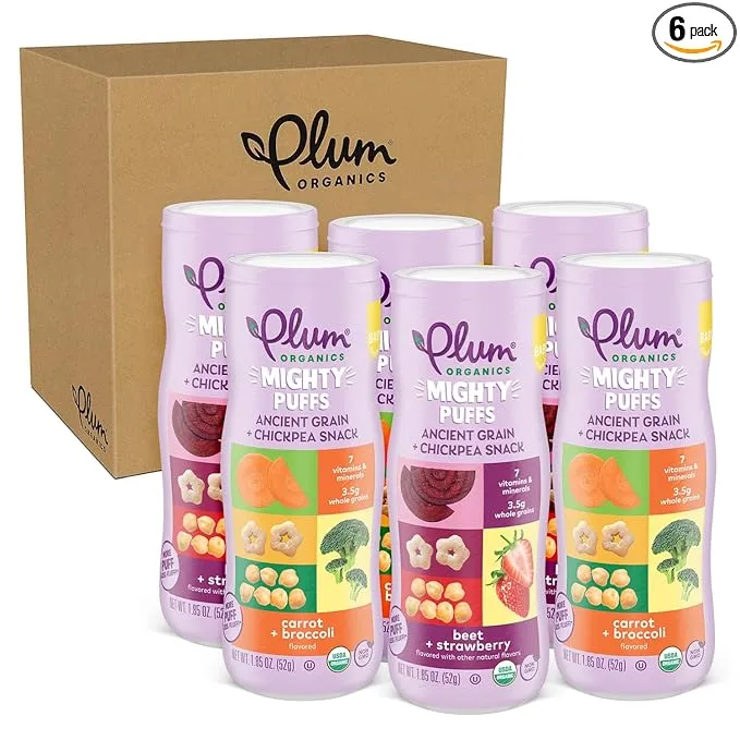 Plum Organics Mighty Puffs Organic Baby Food - Two Flavor Variety Pack - 1.85 oz Canister (Pack of 6) - Ancient Grains and Chickpea Snacks