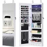 GISSAR 6 LEDs Mirror Jewelry Cabinet, Wall/Door Mounted Jewelry Armoire Organizer with Full-Length Mirror, Large Capacity Lockable Storage Hanging Cabinet, 42.5" Tall,2 Drawers, 4 Shelves, White