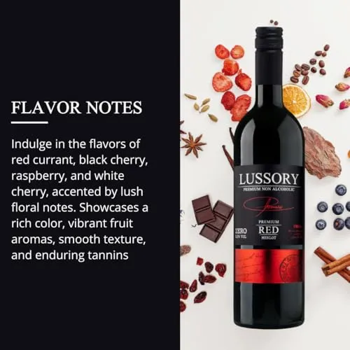 Lussory Premium Merlot Alcohol Removed 0.0% Dealcoholized Red Non Alcoholic Wine From Spain, Low Calories, Low Sugar, Halal Certified (750ml, 1 Bottle)