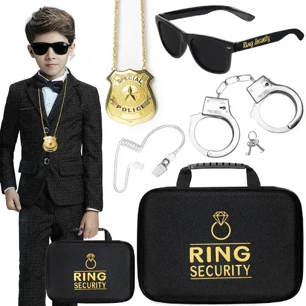 Ring Security Wedding Ring Bearer Gifts - Security Box, Ring Bearer Sunglasses, Kids Toy Badge, Security Earpiece Earplugs Toy Handcuffs, Ring Bearer Proposal Gift Set with Sturdy Security Briefcase