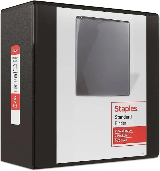 5&#034; Staples Standard View Binder with D-Rings Black 976180