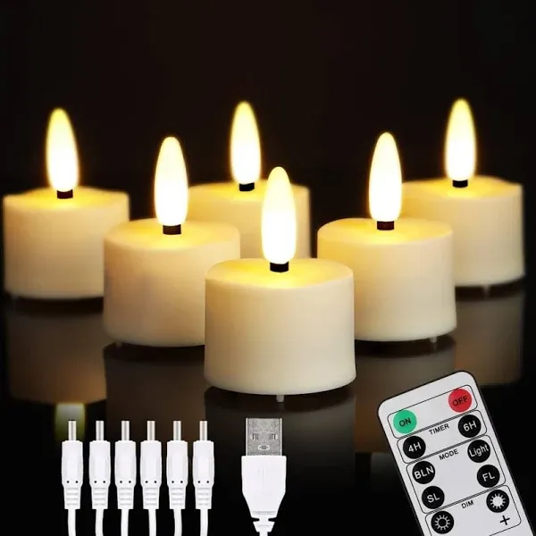 LED Rechargeable Tea Lights Candles with Remote, 6 pcs Battery Operated Tealights with Flickering Flame, USB Charging Cable, Timer Votive Candles for Wedding Decor Christmas Party