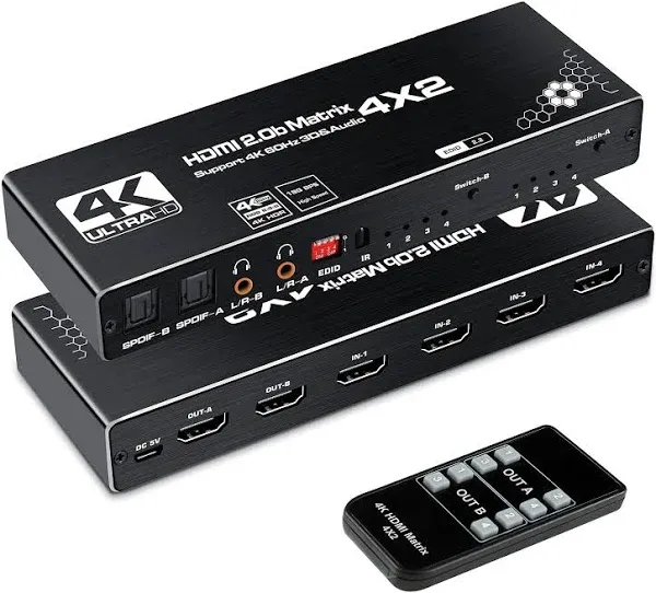 4K HDMI Matrix 4X2 Switcher Splitter with Toslink Spdif Audio out&amp;L+R Stereo 3D